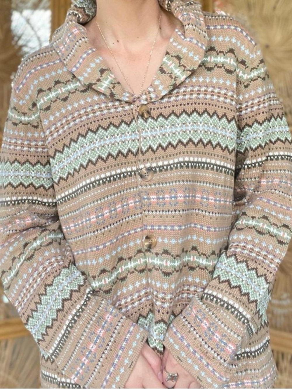 Denim & Co. Tan Multicolor Fair Isle Shawl Collar Knit Cardigan Sweater L
